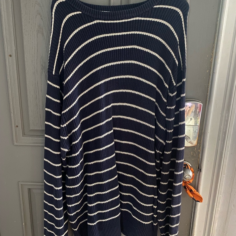 Haggar Men's Sweater in Navy and Cream Stripes